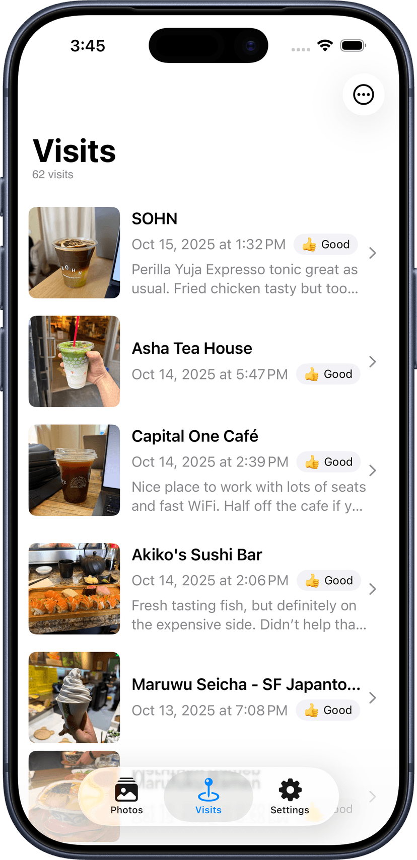 Refeed app showing list of visits