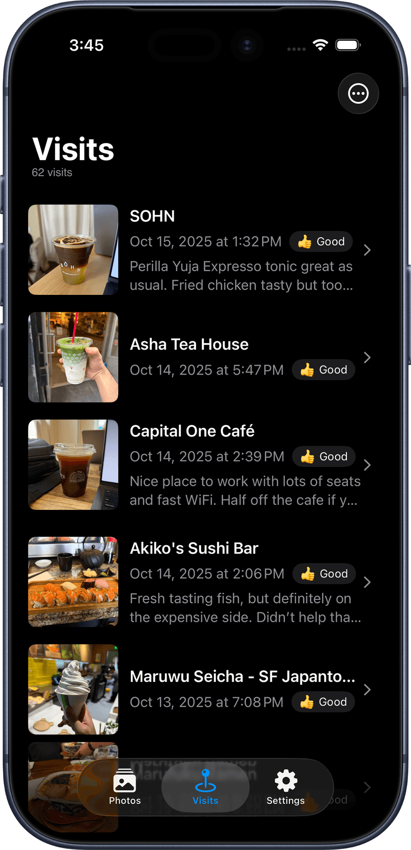 Refeed app showing list of visits