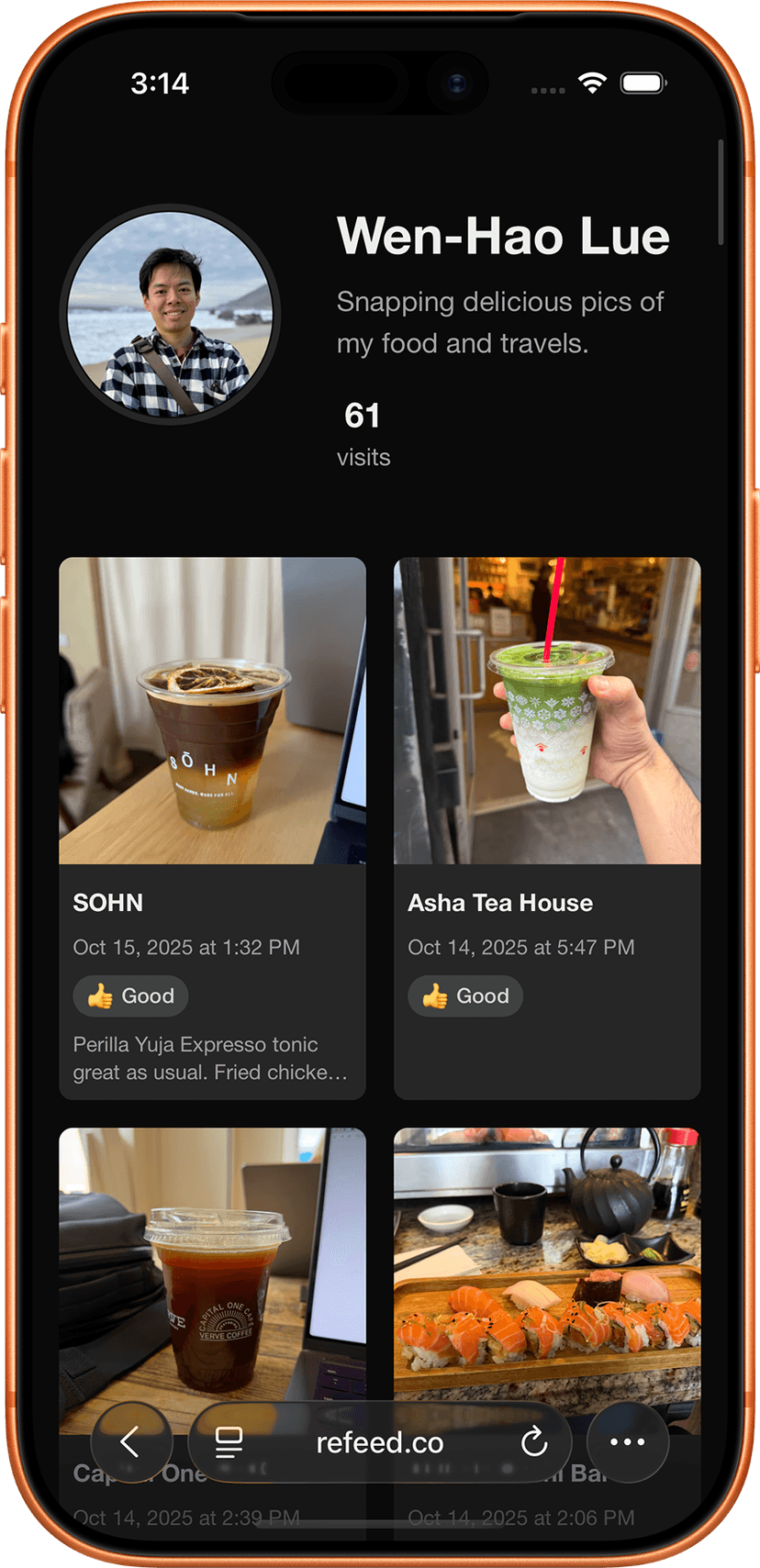 Refeed profile page on iPhone
